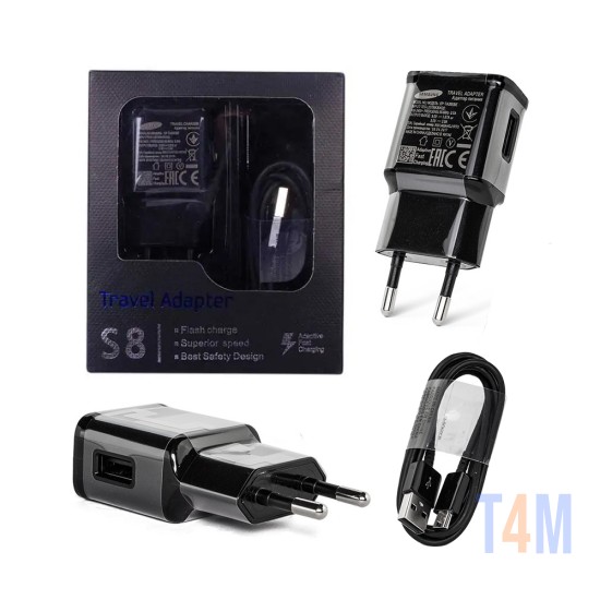 Travel Adapter Charger S8 with Type C Cable 1m for Samsung and all Android Smartphones Black